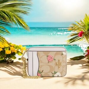 COACH Khaki Signature & Leather Floral Print Zip Card Case CR971 BNWT